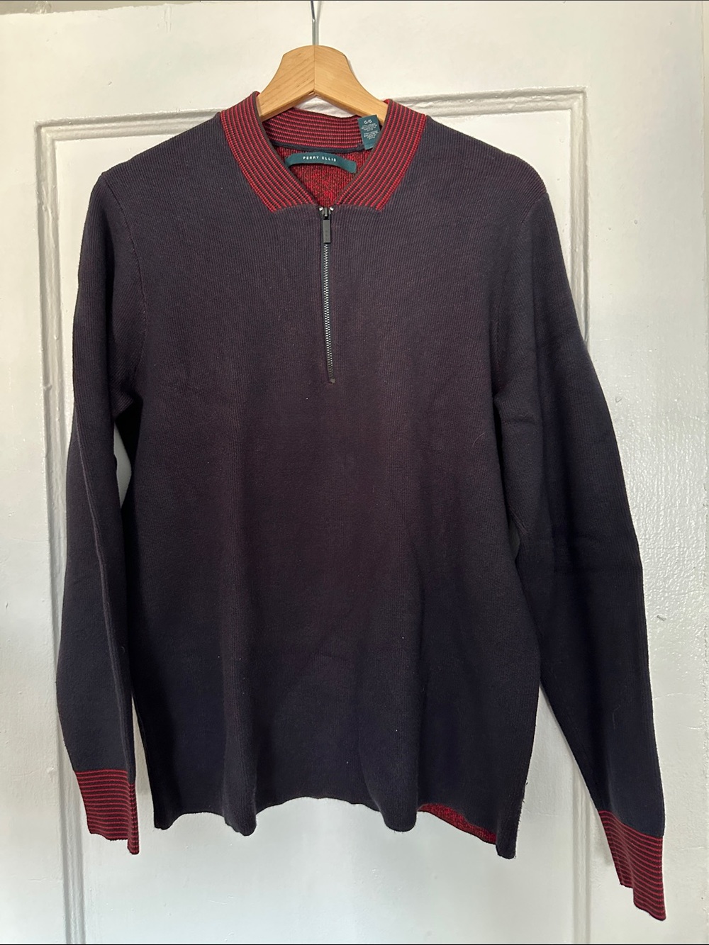 Perry Ellis Men's Quarter-Zip Sweater in Plum with Red Trim